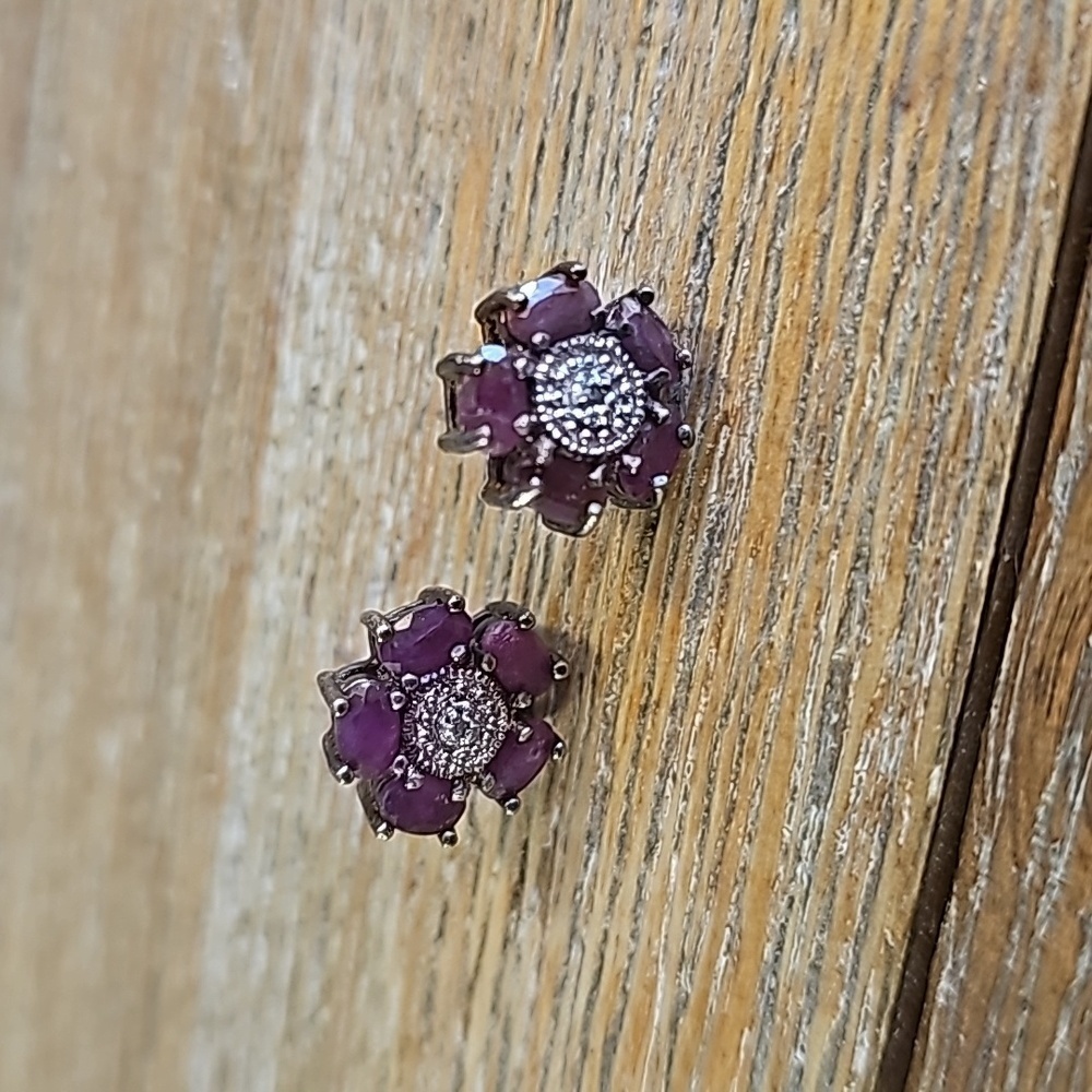 Sterling Silver Ruby Cluster Flower Earrings - image 5